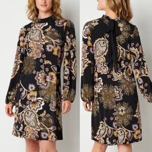 NEW Robbie Bee Size PM Medium Petite Long Sleeve Floral Swing Dress Black Bow